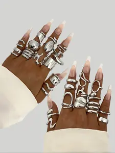 Elegant Silver Color Stackable Rings Set for Women, 29pcs Statement Multi Ring, Punk Style Jewelry Collection, Geometric Design, Party Wedding Festival Wear, Stacking Rings