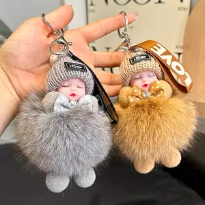 [Decorative Ladies Keychain with Buckle] 1pc Cartoon Doll Keychain with Real Faux Fur, Alloy Round Shape, Decorative Ladies Key Ring with Ring Buckle, Ideal for Bag & Car Key Decoration, Perfect for Valentine'S Day Gift, Single Piece