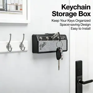 Vintage Guitar Amplifier Key Hook Rack with 4 Plug-in Keyrings, Keyring Holder, Self Adhesive No Drill Key Storage Box, Decorative Wall Mount Key Organizer for Entryway, Home, Office, Music Fan Gift, Easy Installation, No Nails