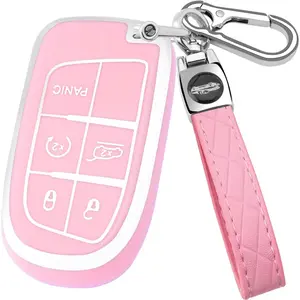 for Jeep Key Fob Cover, Soft Full Protection Key Case Shell Compatible with Jeep Grand Cherokee Renegade Chrysler 200 300 Dodge RAM Durango Challenger Journey Dart Fiat Smart Key (Pink)