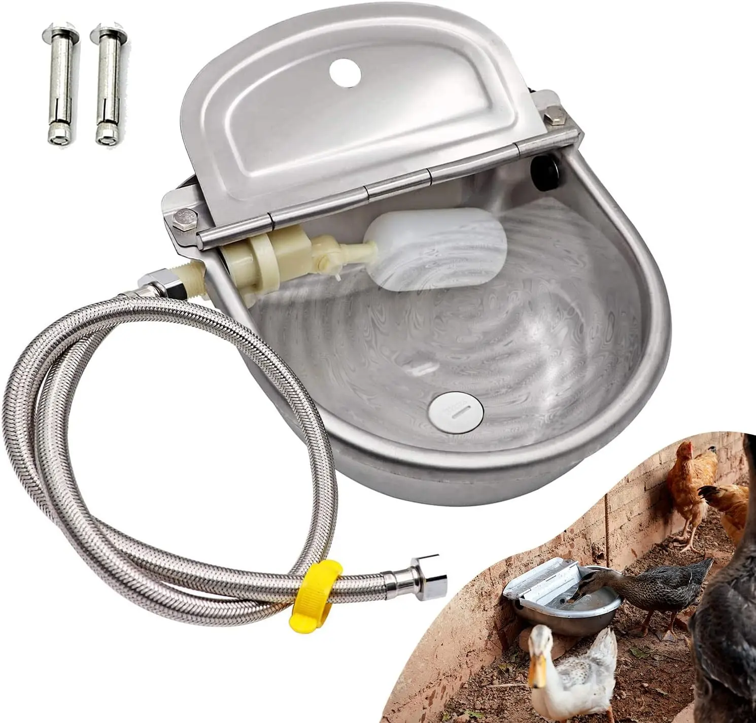 Stainless Steel Automatic Water Feeder with Float Valve - Auto-Fill Dish for Dogs, Poultry, Horse, Duck & All Sized Animals, Indoor-Outdoor Feeding Tool, Hose Kit or Bowl Only Options