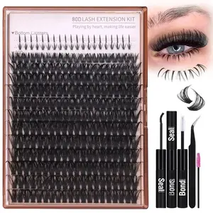 Cluster Eyelash Extensions Kit Bottom Lash Clusters  DIY Lash Extension Kit Wispy Volume Individual Eyelashes with Waterproof Bond and Seal Applicator for Beginners