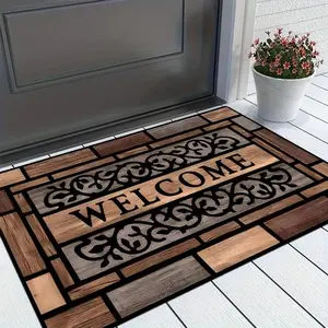 Rustic Wood Grain Welcome Doormat, Anti-Slip Flannel, Stylish Brown Pattern for Home Entrance Decor, Welcome Mat for Front Door Decorative Checkered