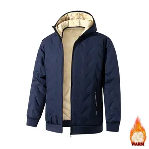 Single piece men’s winter hooded jacket with lamb fleece lining and stitched seams, windproof stand collar, warm cotton outerwear suitable for sports and casual wear.