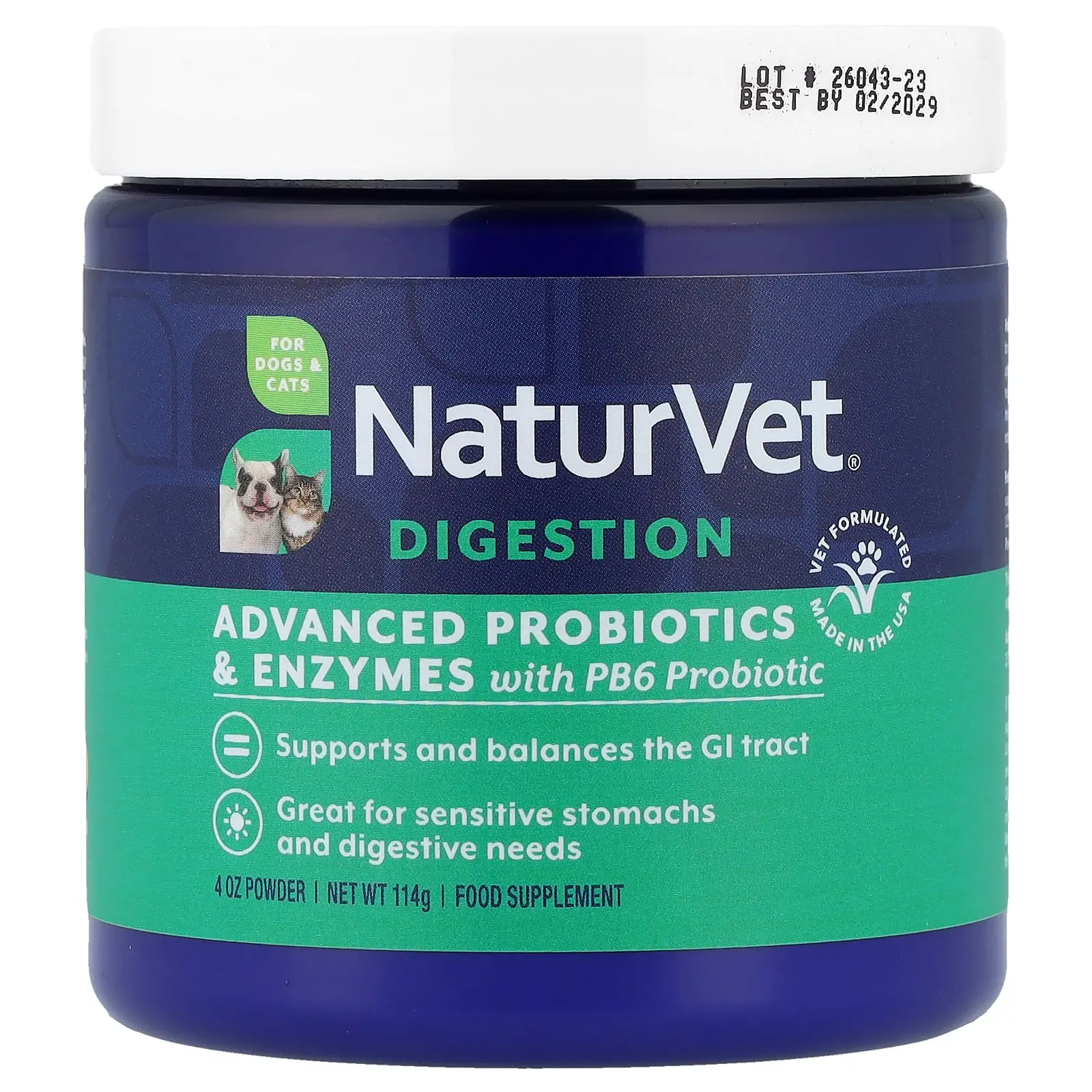 NaturVet Advanced Probiotics & Enzymes with PB6 Probiotic, For Dogs & Cats, 4 oz (114 g)