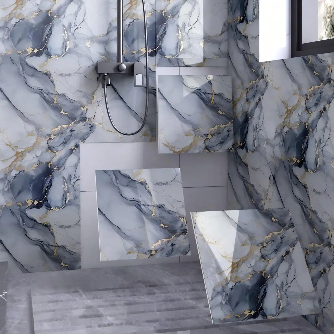 10 PC Peel-Off Shower Tile Wall Board, 30x30 Cm Self-Adhesive Waterproof Marble Tile, PVC Decorative Panels Bathroom Kitchen Wallpaper Peel And Stick Living Room Decor, Peel And Stick Wallpaper For Bathroom