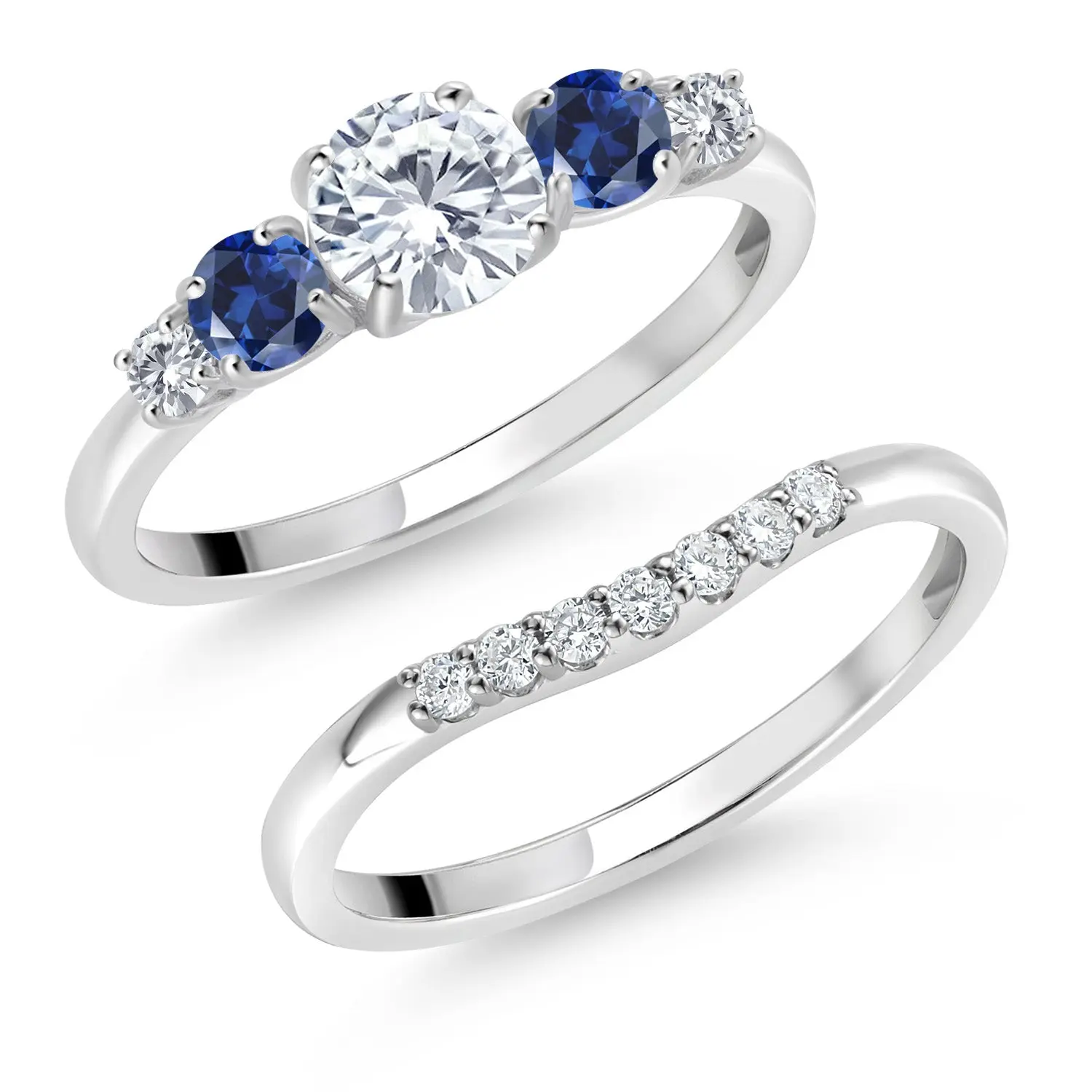 Gem Stone King 10K White Gold Lab Grown Diamond and Blue Created Sapphire 5-Stone Bridal Engagement Wedding Ring Set For Women | 0.89 Cttw | Round: 5MM and 3MM | Available In Size 5, 6, 7, 8, 9, Bridal Ring Sets, Stunning Ring Set