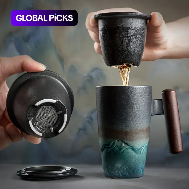 Ceramic Tea Cup Set, 1-Piece Handmade Ceramic Coffee and Tea Cup with Filter, Creative Retro Traditional Drinking Cup, Stylish Drinkware, Ceramic Beverage Drinkware for Home and Office #GLOBAL PICKS