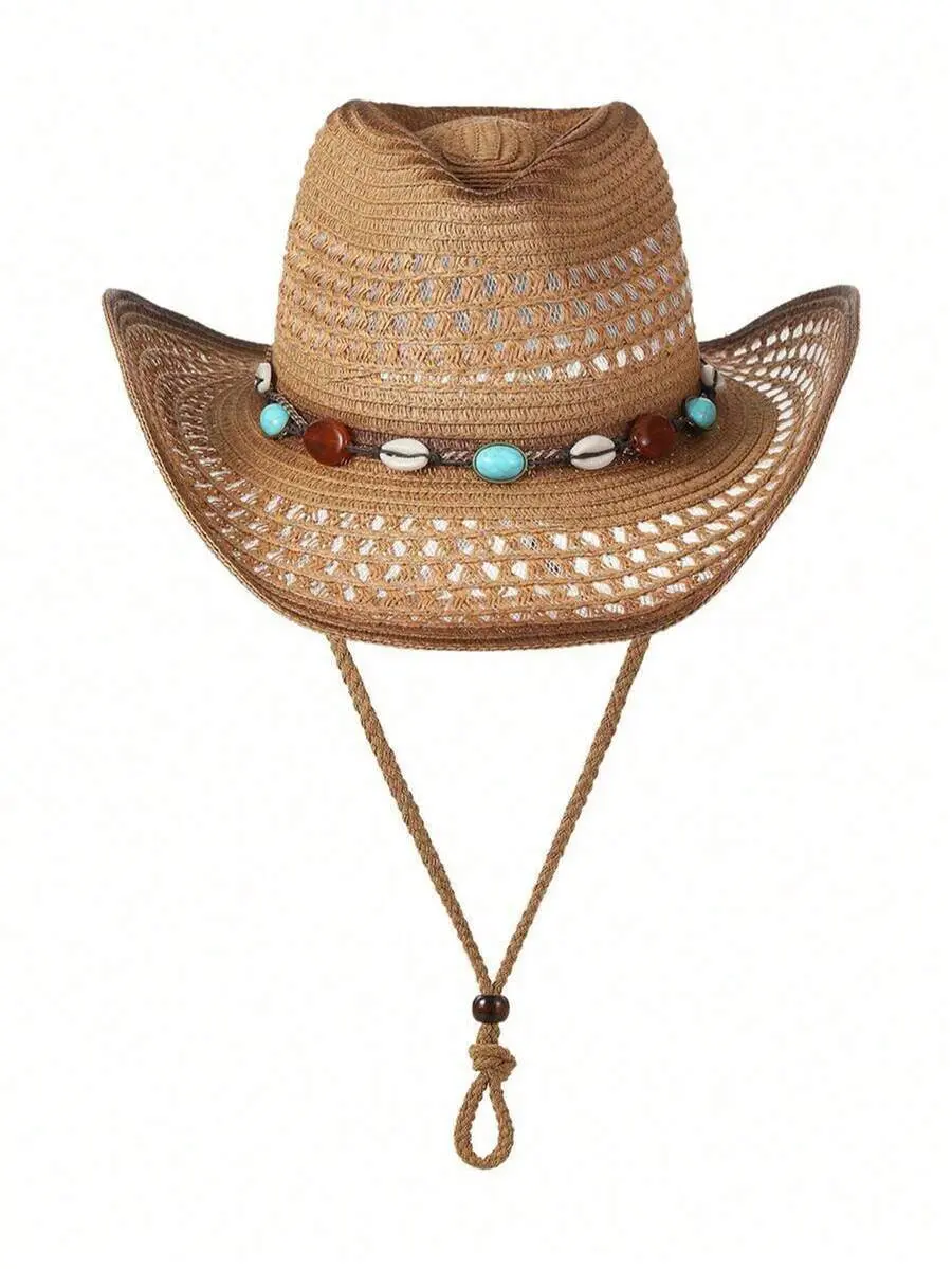 Brown Hollow Straw Cowboy Hat, Suitable For Outdoor, Casual, Beach, Vacation