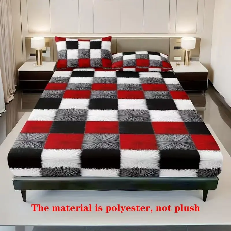 Modern Geometric Bed Sheet Set (1 Fitted + 2 Pillowcases), Comfortable and Stylish Polyester Bedding, Suitable for Dorms and Hotels, All-Season Use