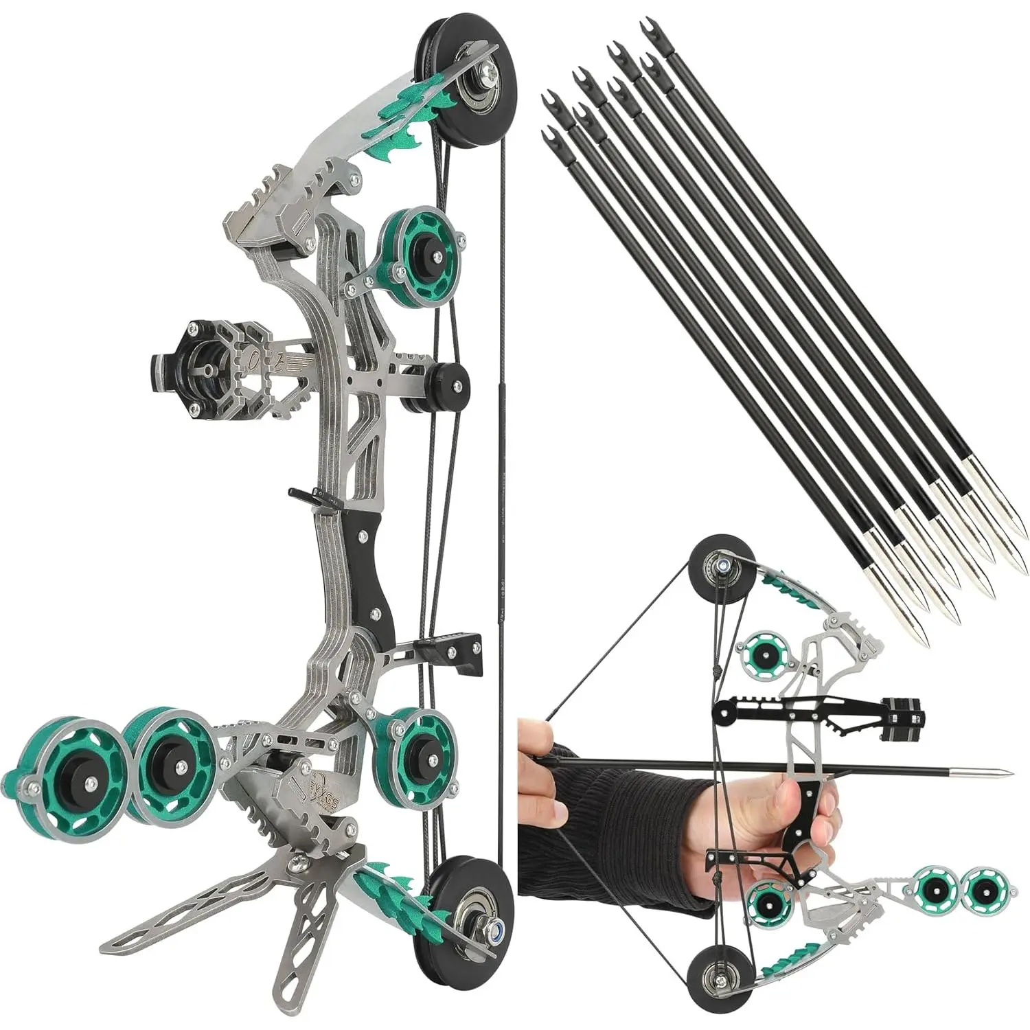 10.9inch Compound Bow Set Stainless Steel Includes 4/8 Arrows Bow Stabilizer Sight Rest Target Paper and Bow Stand