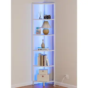 6 Tier Corner Shelf with LED Light, 67.5" Tall Standing Shelf Organizer, White Narrow Bookshelf with Storage Rack for Wall Corner, Living Room, Bedroom, Metal Frame,  Display Shelf