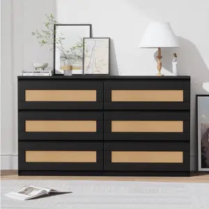 【GARVEE】Modern Rattan Dresser for Bedroom - 6 Drawer Double Dresser - MDF Wood, Anti-Tip Kit - Smooth Metal Rails - Black - Ideal for Living Room, Hallway