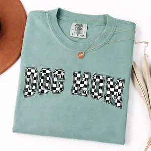 Dog Mom Checkerboard Graphic Tee | Comfort Colors Light Green Shirt | Aesthetic Checkered Dog Mama Shirt | Trendy Pet Lover Gift