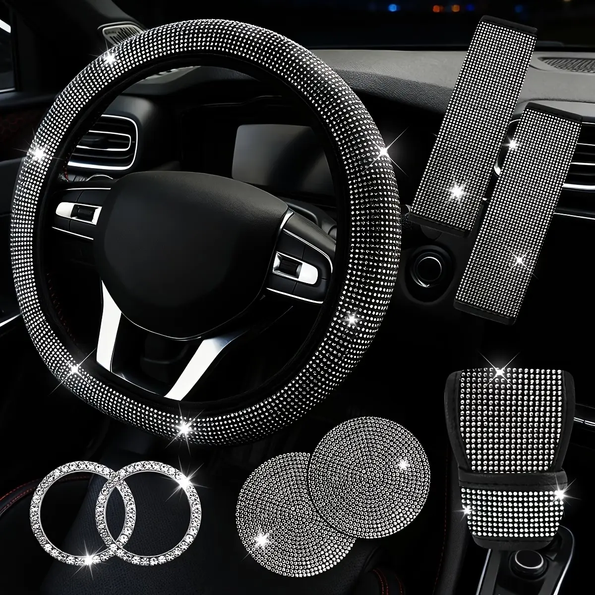 Glamorous 8-Pcs Bling Rhinestone Women's Vehicle Accessories Set - Auto Interior Decor, Steering Wheel Cover, Seat Belt Cushion, Shift Knob Cover, Push Start Ring, Cup Coaster, Multicolor Cars Accessory, Cars Accessories