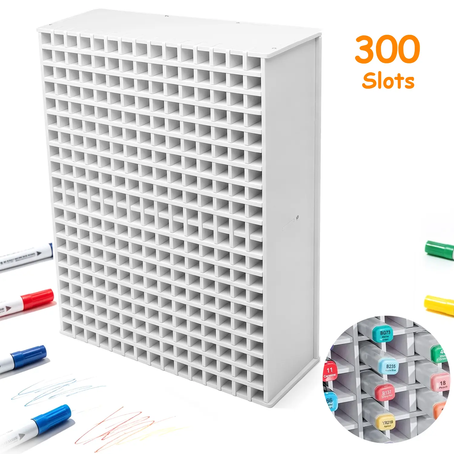 Plastic Grid Art Marker Storage Rack, 300-Marker Capacity with Removable Adjustable Dividers, 13.78x17.72x5.12in Office Desk Organizer for Watercolour Brushes, Pens, Color Pencils