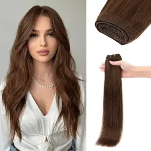 Hairro Sew in Hair Extensions Real Human Hair, Double Weft Sew in Invisible Bundle Weave Hairpieces Natural for Women, Silky Straight 14 Inch 100g#4R-Medium Brown