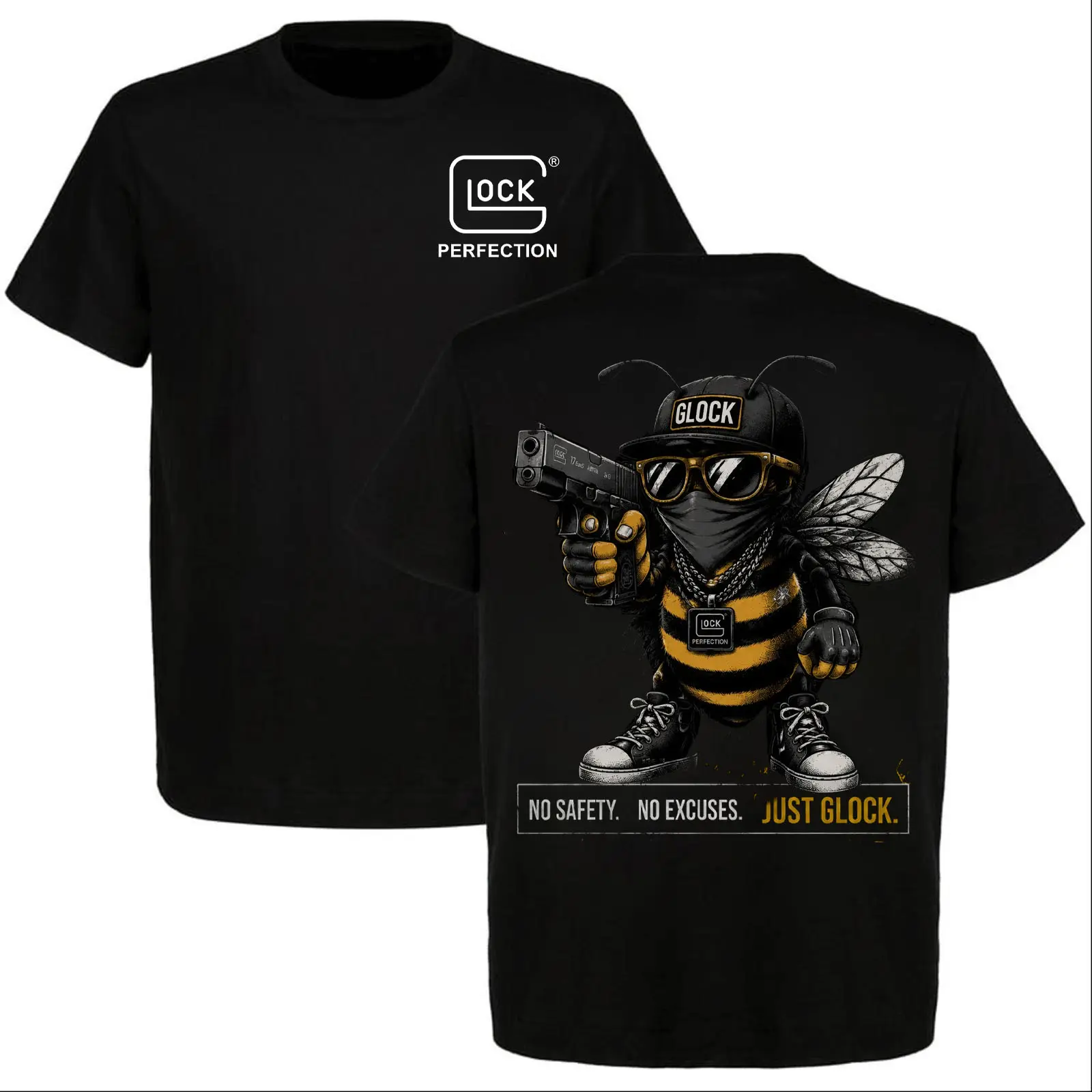 Glock Bee T-Shirt No Safety No Excuses Just Glock Funny Tactical Gangster Bee Graphic Tee Black Men Streetwear Gun Lover Meme Shirt