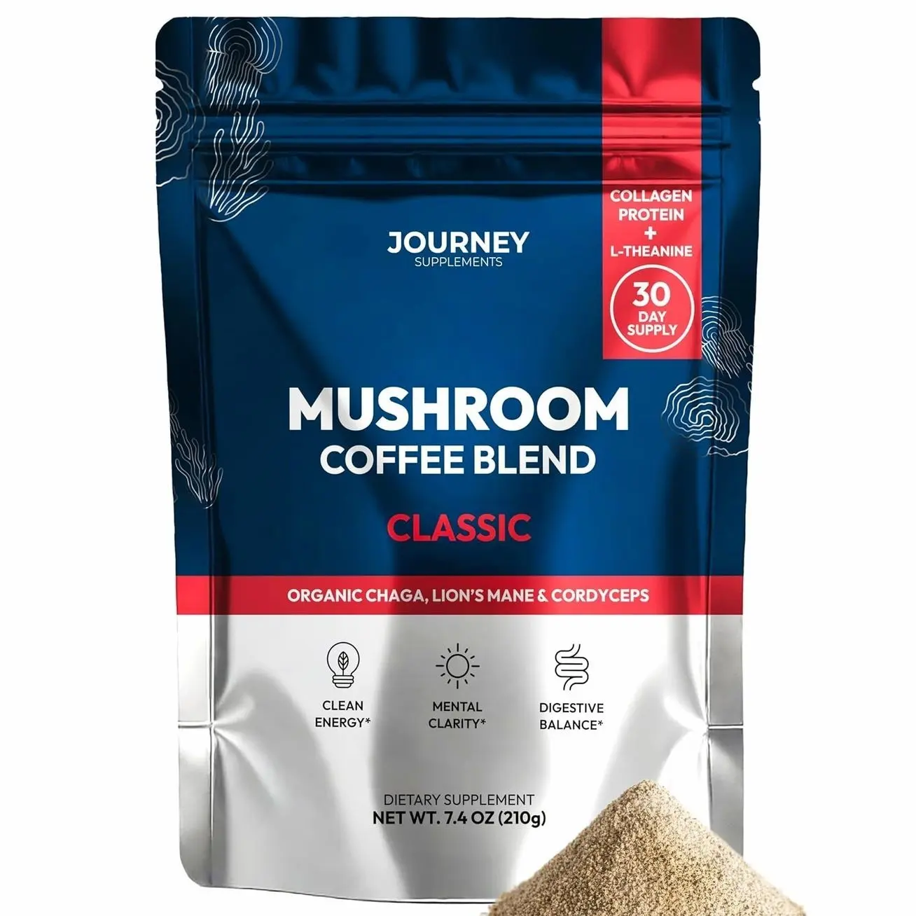 Mushroom Coffee with Collagen - Classic Blend – Adaptogenic Instant Coffee for Energy, Focus, & Mental Clarity – Enhanced with Lion’s Mane, Chaga, Cordyceps & L-Theanine (30 Servings)
