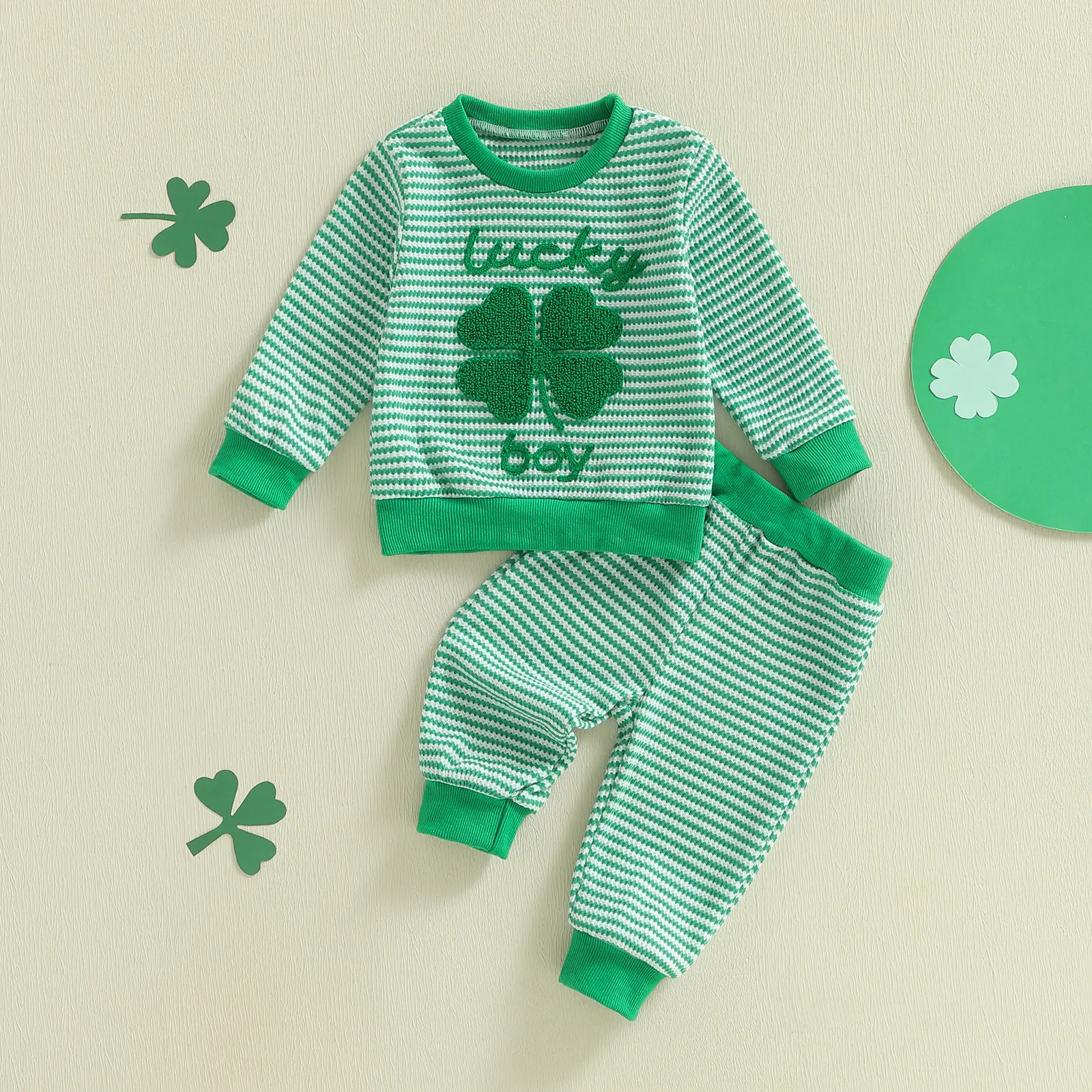 Babamoon St. Patrick's Day Cute Casual Cozy Kids Baby Boy Irish 2-Piece Clothing Set - Long Sleeve Clover Embroidery Sweatshirt Tops & Bottoms Toddler Outfits Gift Set