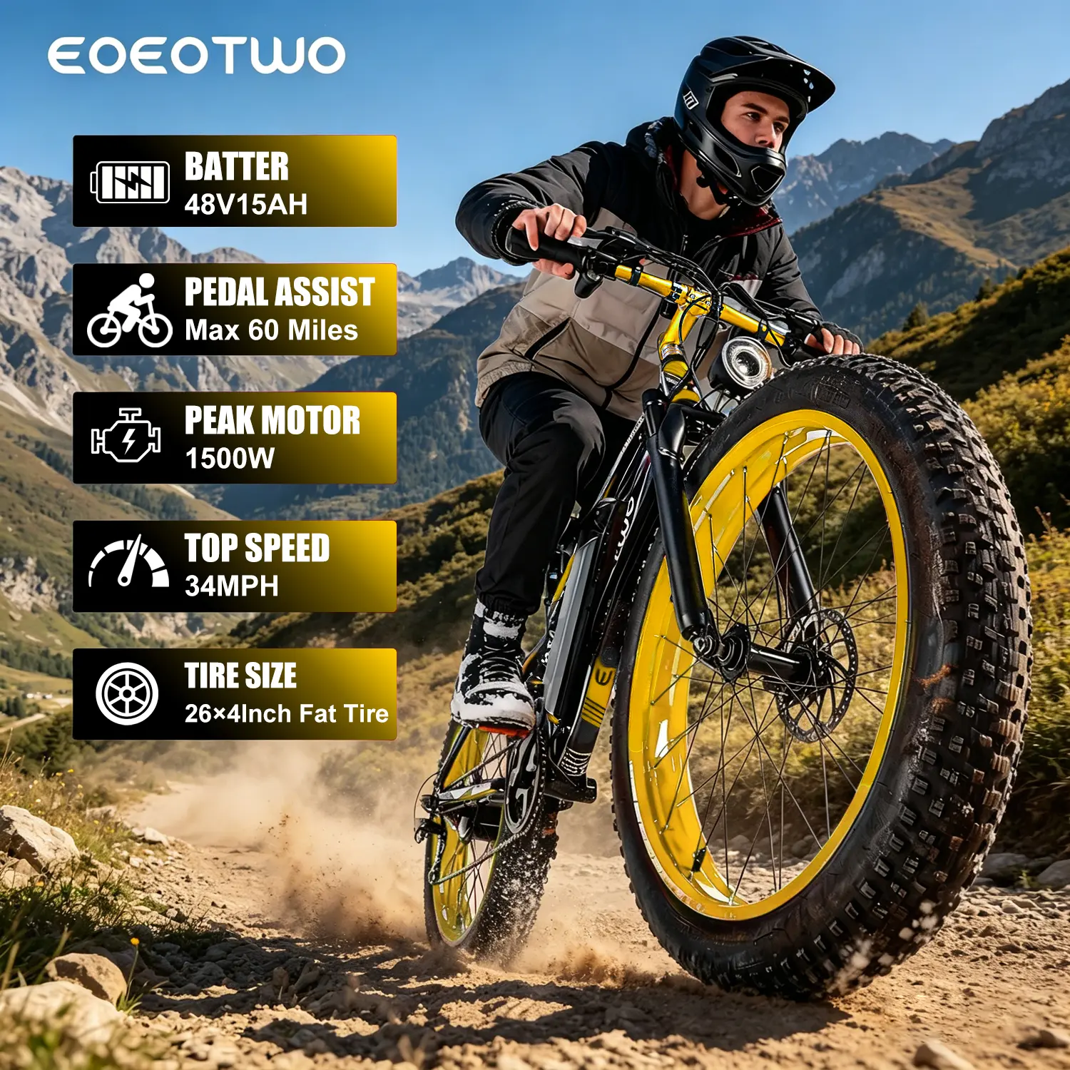 {EOEOTWO&E01} Adult electric bicycle, 1500W peak motor, 34MPH, 48V 15Ah detachable battery, total vehicle weight 29.6KG, 26-inch wide tires, suitable for commuting and off-road use (also applicable in rainy and snowy weather),camping essentials