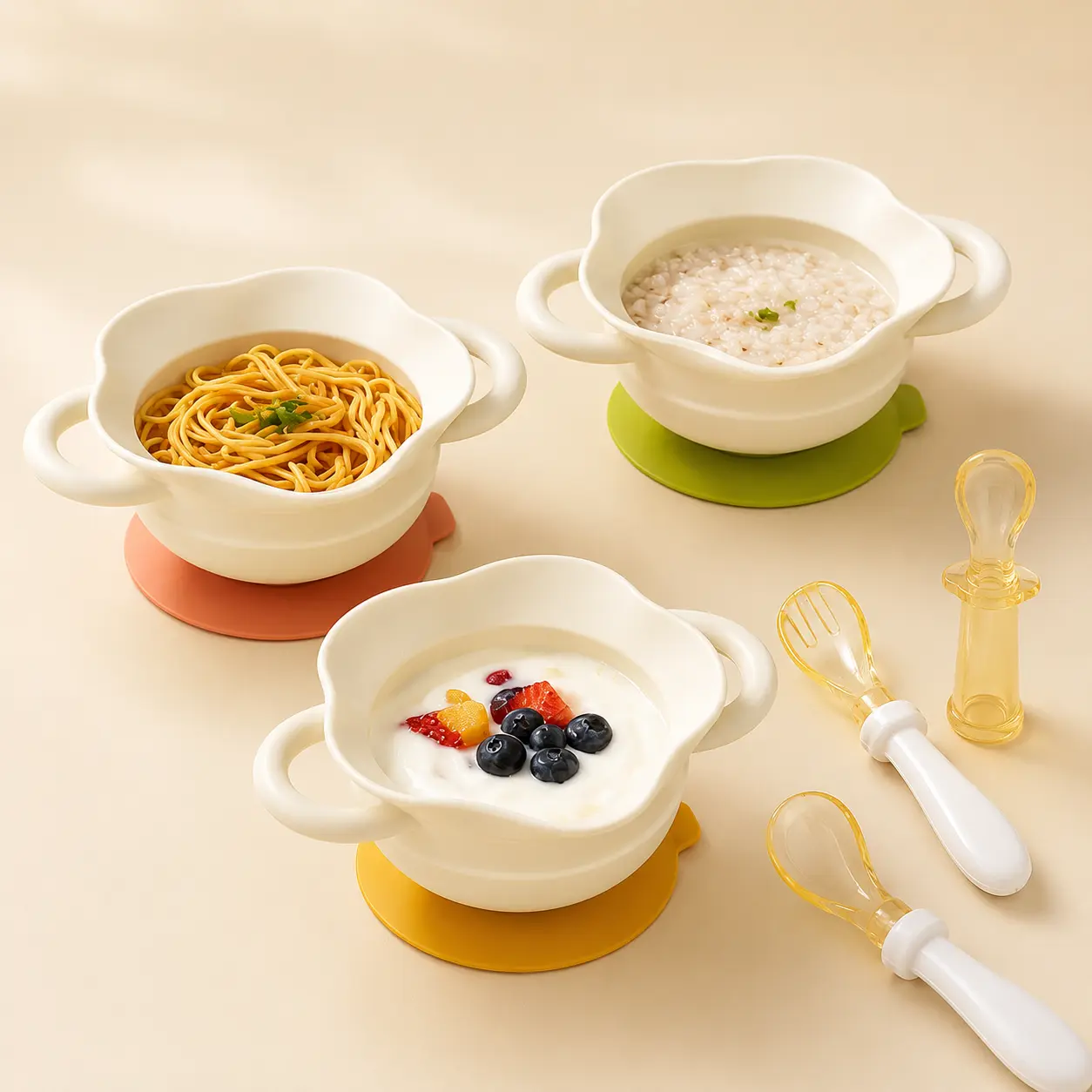 Silicone Feeding Bowl with Double Handles, Strong Suction Base, Soft Integrated Spout, Spill Proof Design for Daily Complementary Food, Porridge and Noodles