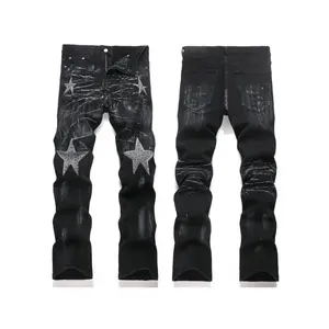 Fitspro High-Street Denim Jeans - Slim-Fit Stretch Patchwork Color- Rhinestone-Embellished Black Flared with Washed Detailing |     - Casual to Dressy Wear, Hand Washable (Regular/True Fit)