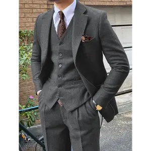 Men's Wool 3-Piece Suit Set, Classic Notch Lapel, Herringbone Pattern, Casual Formal Wear