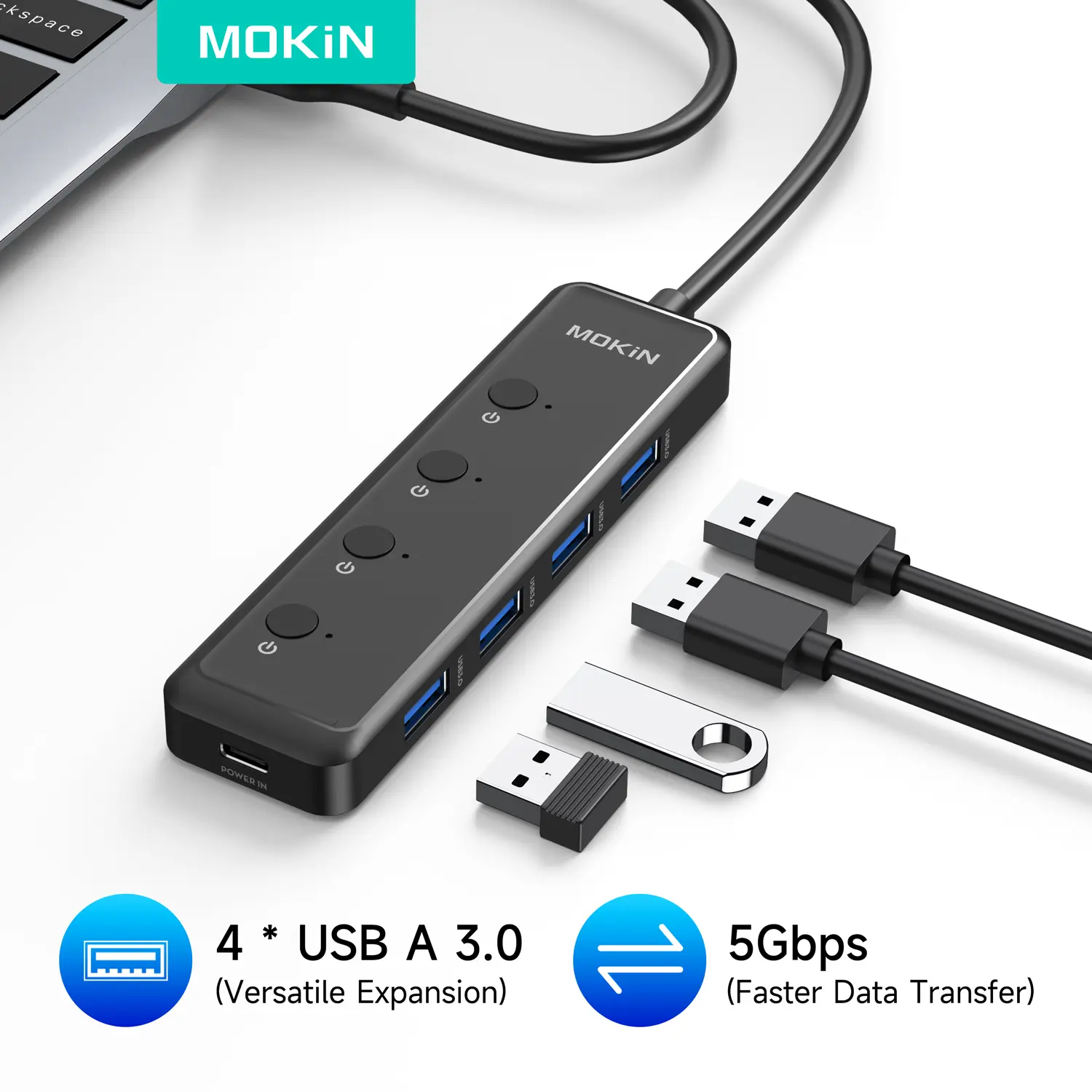 MOKiN 5-in-1 Hub with 4 USB A 3.0 Ports + USB C Power Port for windows laptops, Chromebooks, Dell Acer, etc., PS5/PS4 Consoles USB 3.0 Hub with 4-Ports, Usb Multiport Adapter, Multi-Device Usb Hubs, 5Gbps 3.0 Usb Hubs