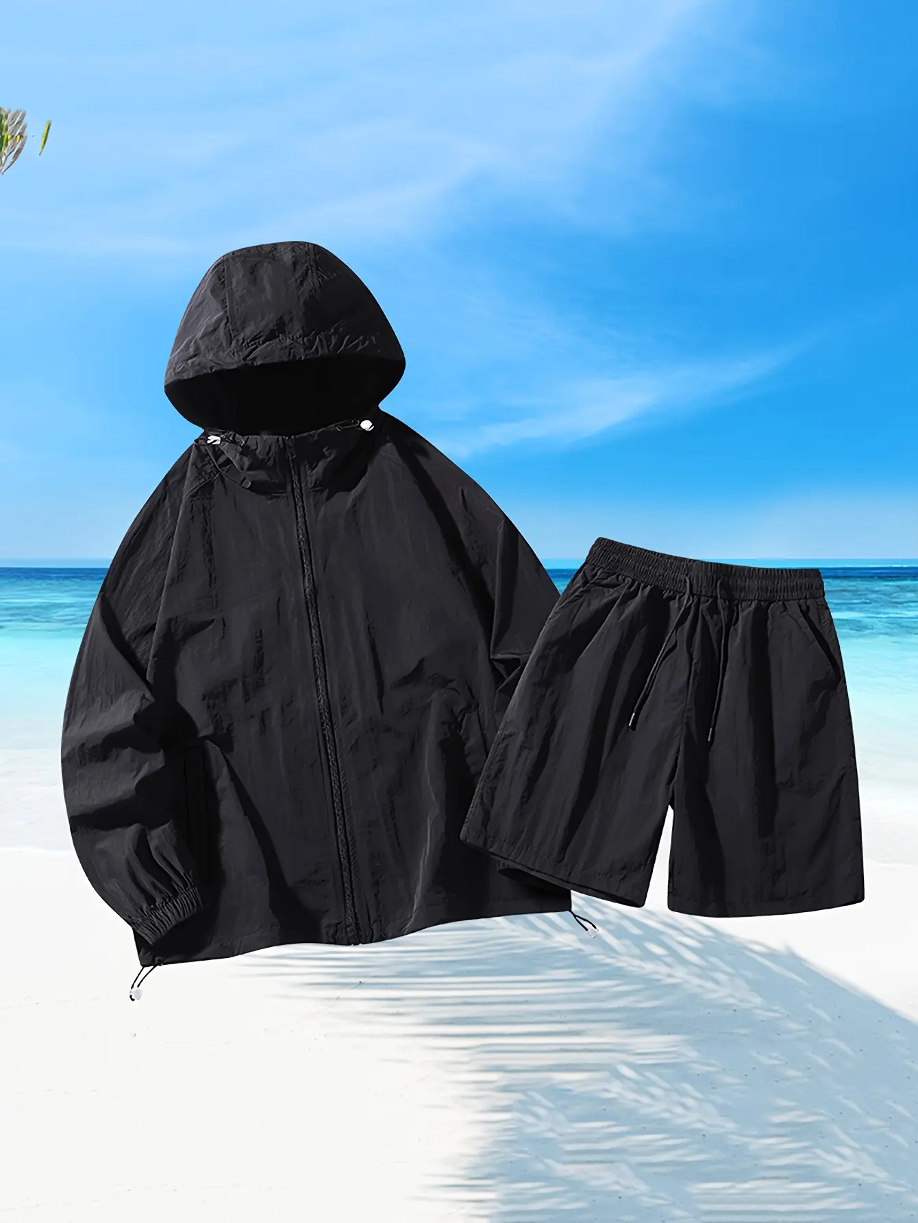 Men's Athleisure Set - Fitted Polyamide Long Sleeve Hooded Tracksuit with Sun Protection for Outdoor Sports & Casual Wear, Casual Outdoor Activewear, Leisure Sports, Athletic, Machine Washable, Athleisure Sportswear Set, Men's 2 Piece Sets