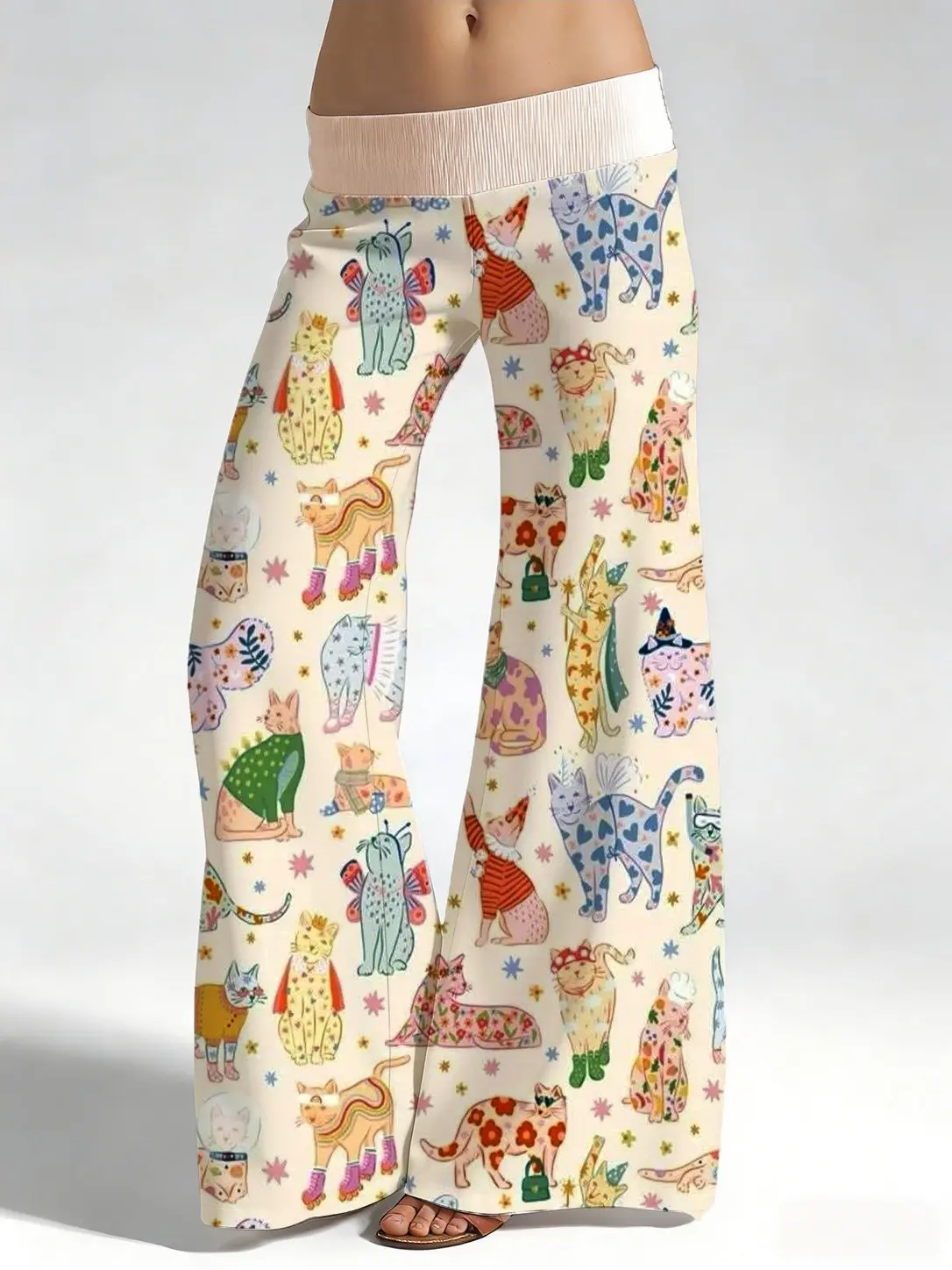 Animal Pattern Pants for Women - Low Waisted Wide Leg Lounge Trousers with Cat Print, Lightweight & Comfortable, Animal Print, Cute, Bottom, Chic, Halloween, Christmas, Thanksgiving, Easter, Vibe, Comfy Pants, Valentines Day, Graphic, Casual, Fitted, Boot