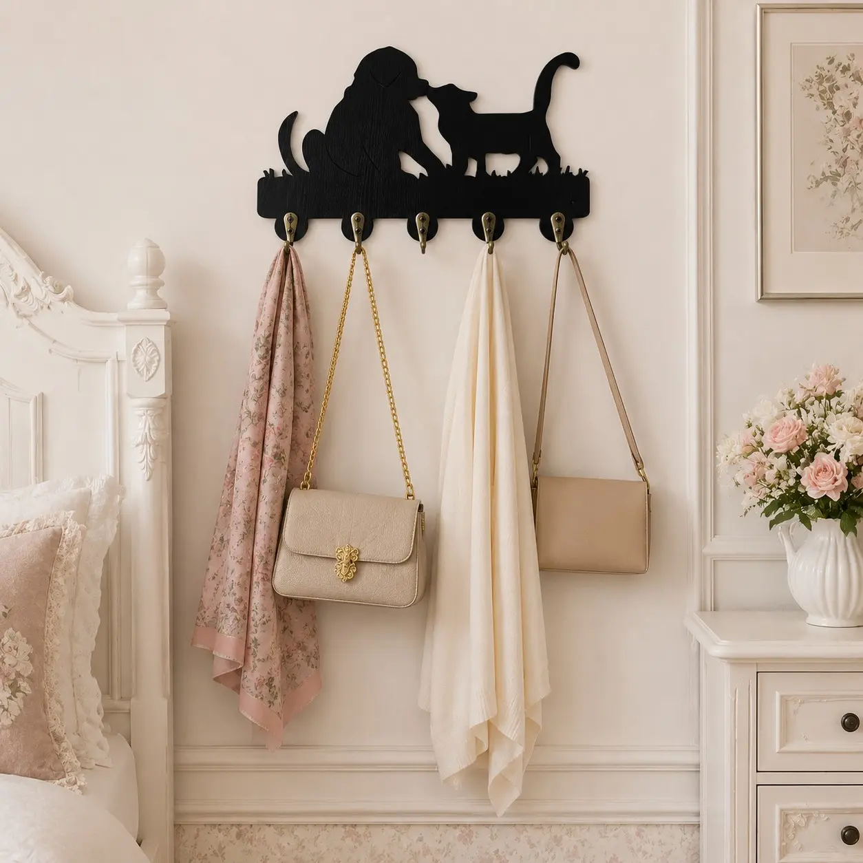 Wooden Wall-Mounted Key Rack, Cat Theme Key Holder, Suitable for Bedroom, Living Room, Bathroom, Office, Decorative Storage Solution