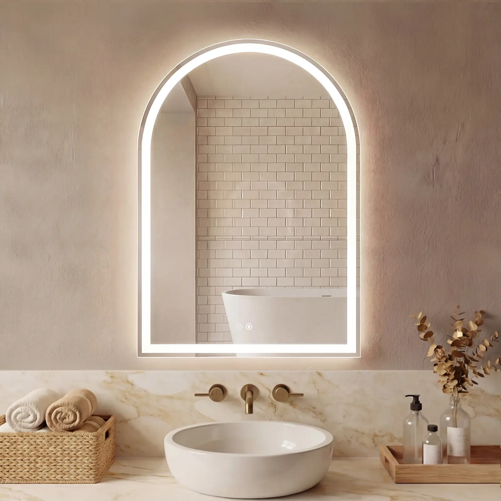 LED bathroom mirror, anti-fog arched dressing mirror, dimmable, three-color light, memory function, tempered glass