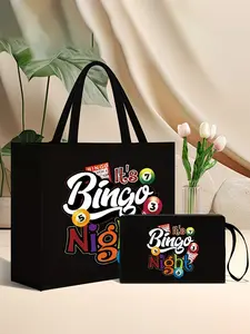 Women's Bingo Night Themed Tote & Wallet Set, Game Night, Magnetic Closure, Bingo Ball & Numbered Cards Print, Durable Lining, Sturdy Strap