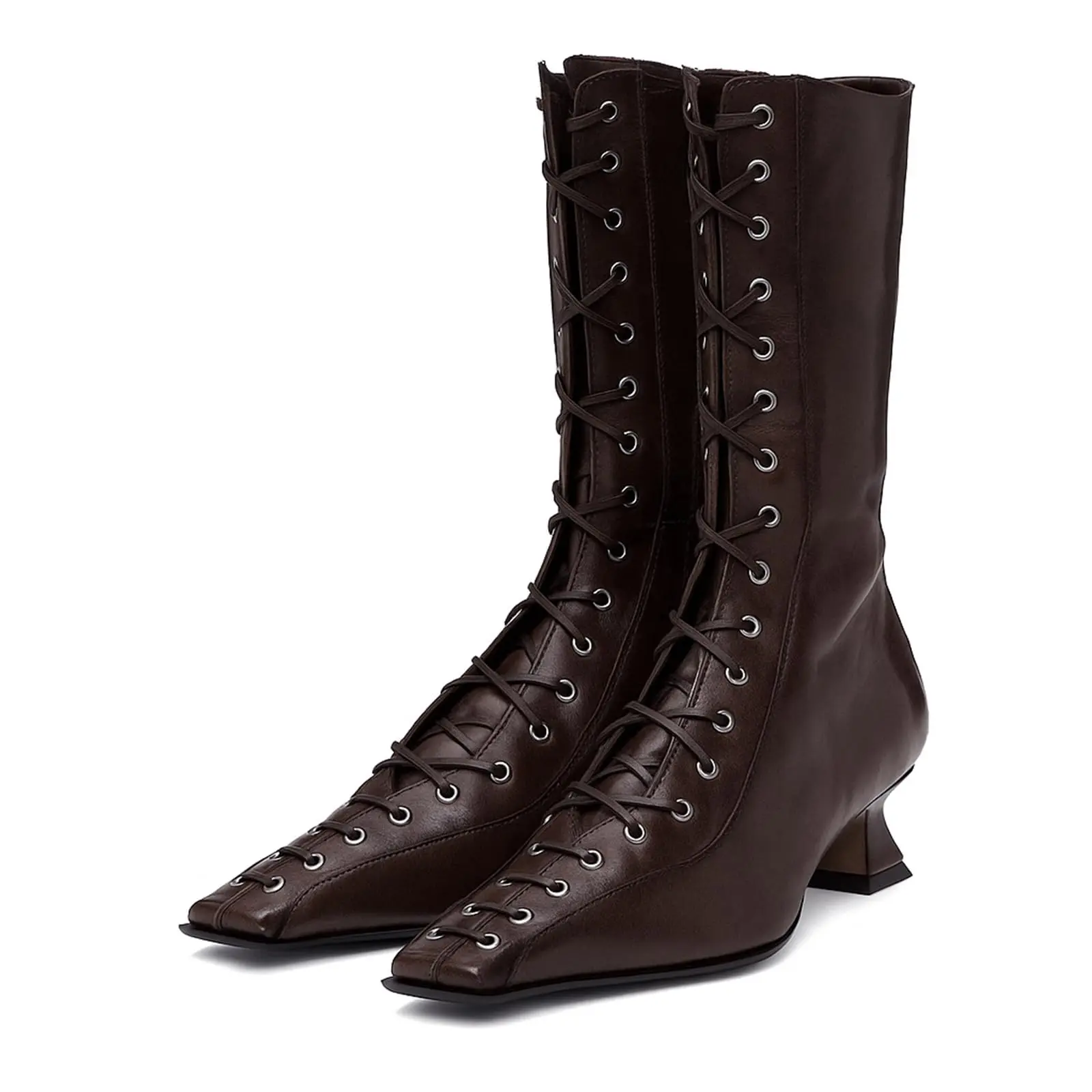 Womens Lace up 70s Witch Boots Mid Calf Kitten Heel Boots Square Toe Granny Booties Costume Shoes with Zipper
