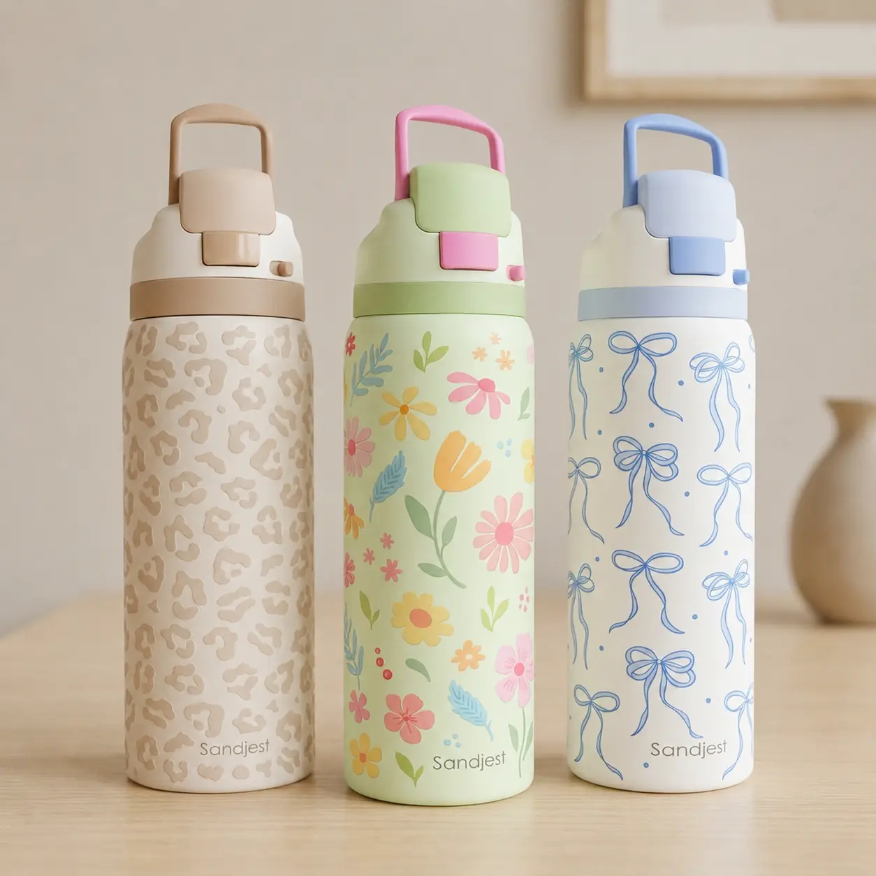 SANDJEST 32oz Patterned Stainless Steel Insulated Water Bottle - Push-Button Lid & Straw, Leakproof Hydration Bottle, Portable Reusable Flask, Cold & Hot Drink Retention, Stylish Travel Bottled Drinkware for Outdoor Use