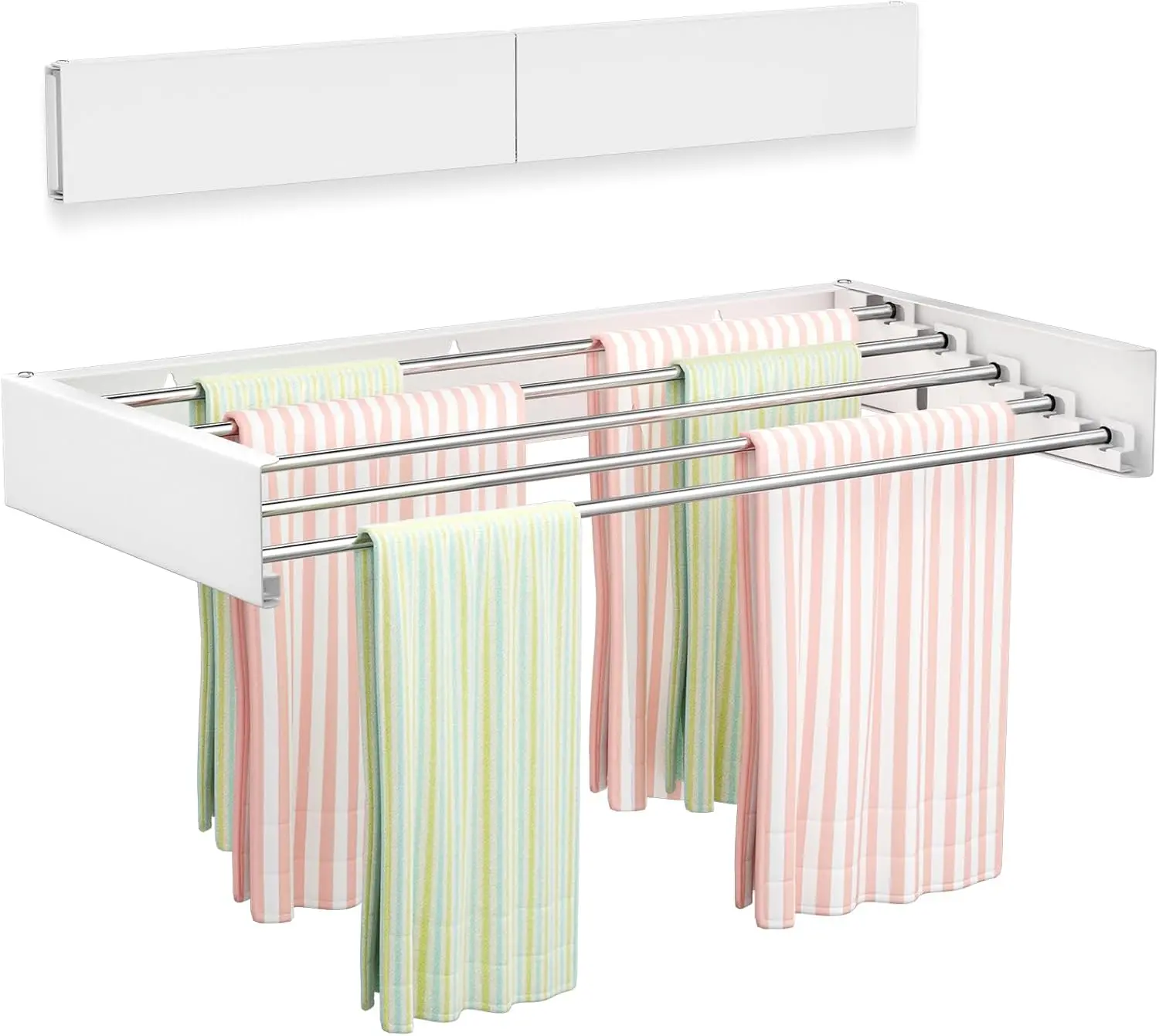 Wall Mounted Clothes Drying Rack, 31.5" Foldable Collapsible Laundry Rack, Heavy Duty 60 lb Capacity Hidden Space Saver, Includes Wall Template for Laundry Room Indoor Outdoor Balcony (White)