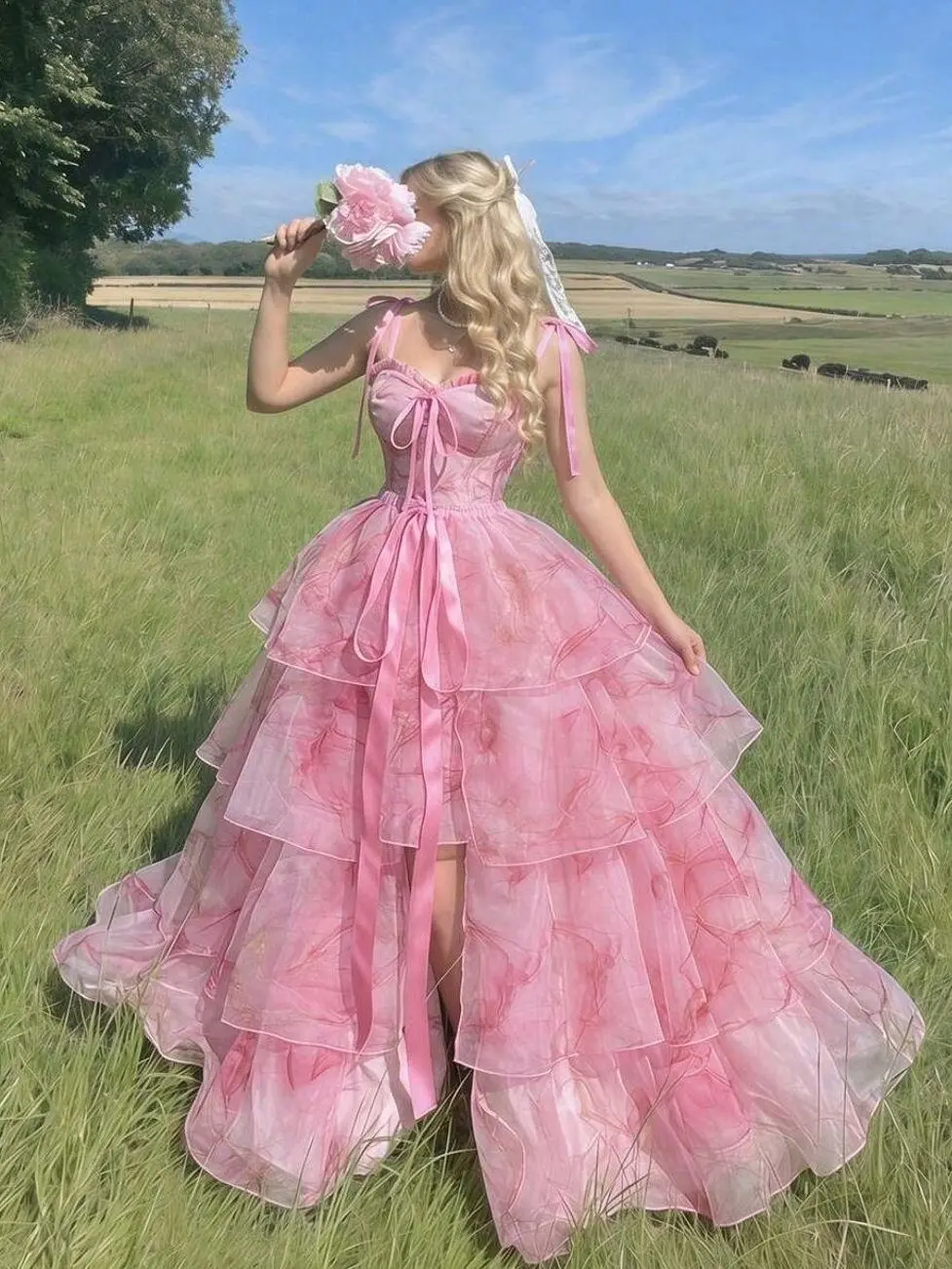 Women's Floral Tulle High Low Dress, Bow Strap Cottagecore Maxi Dress with Detachable Layered Skirt, Elegant Wedding Guest, Garden Party & Summer Dress