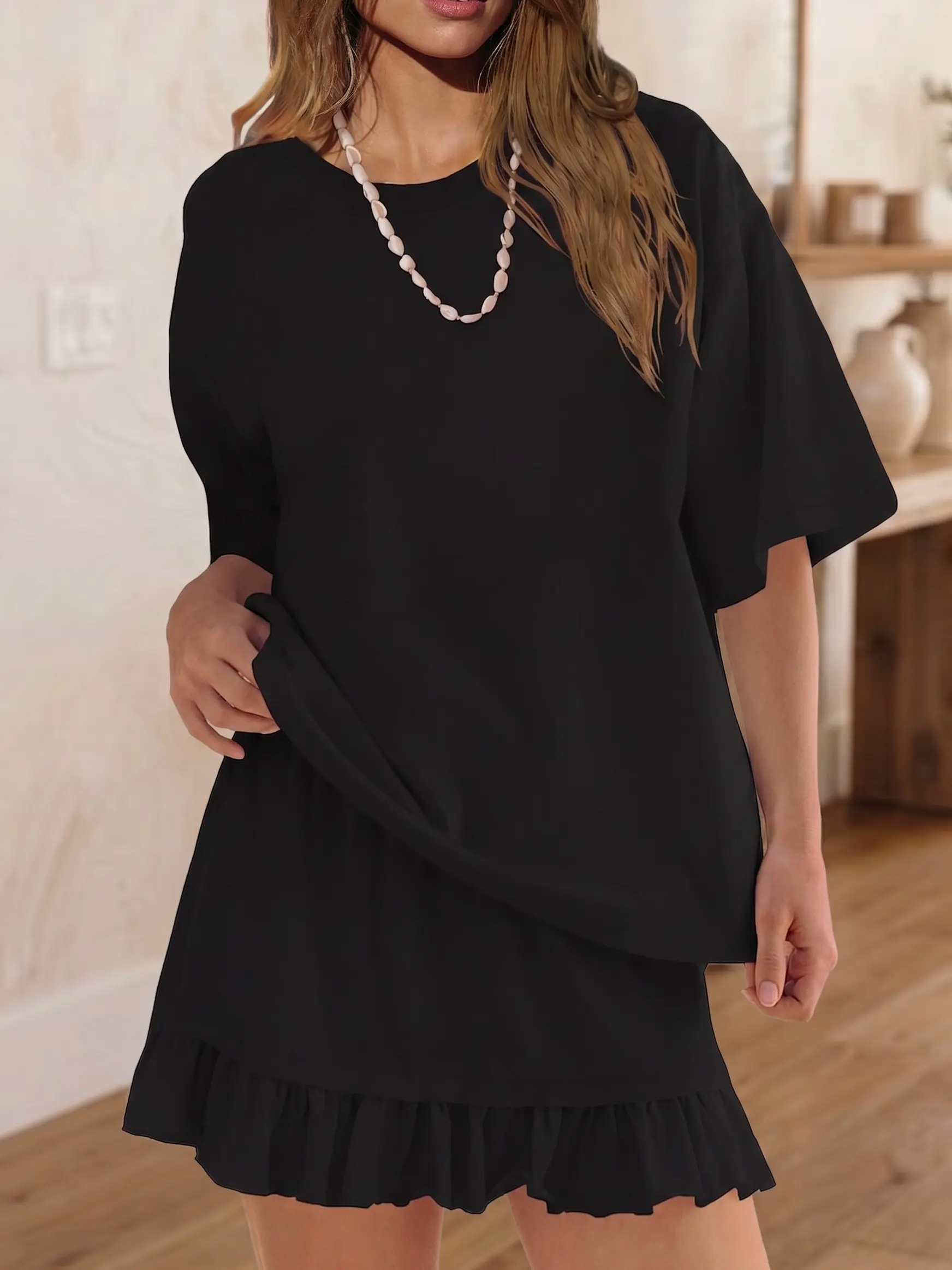 Premium Lady's 2-Piece Matching Pajama Set - Short Sleeve Drop-Shoulder Top, Ruffle-Trim, Ruffle Hem Shorts, Fit, Effortless Chic Comfortable Casual Loungewear for Home, Beach