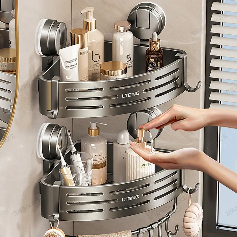 Bathroom Corner Suction Storage Basket Self-adhesive Suction Design No Wall Damage Easy Remove And Wash For Shower Washstand Storage