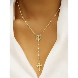 1pc Vintage Cross & Virgin Mary Pendant Faux Pearl Y-Necklace, Women Jewelry Accessory For Party & Everyday Wear (Random Beads Quantity)