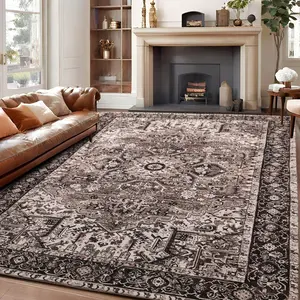 Vintage Area Rug 4x6 Brown Entryway Office Washable Carpet Non Slip Bedroom Indoor Living Room Door Mat Low Pile Traditional Distressed Retro Accent Rug for Dining Room Bathroom Kitchen
