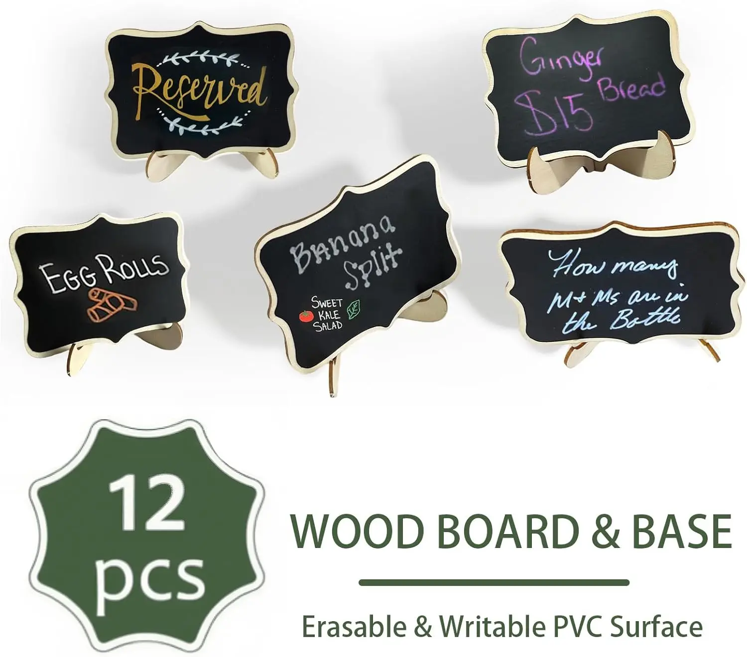 12 Pack BPA-Free Rustic Style Mini Chalkboard Signs with Easel Stand, 10x7.5cm PVC Decorative Boards, 12.1cm White Marker, Erasable Elegant & Fun Design Supplies for Baby Shower, Halloween Arts & Crafts