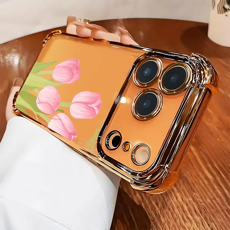 Pink Tulips Case for iPhone 17 Air 16 Pro Max 15 Plus 14 13 12 11 XS X Four-corner Thickened Drop Protection Shockproof Soft Silicone Cover