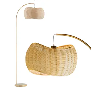 Brightech Wave Arched Floor Lamp – Unique Hanging Wicker Shade for Living Rooms – Rattan Style Matches Boho and Other Décor – Arcs Over Sofas and Dining Tables for Compliments - Brass