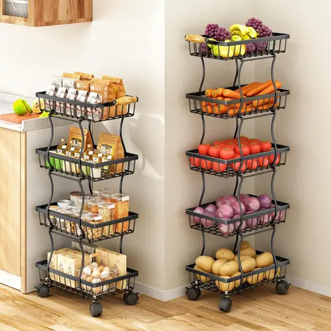Black 4-Layer Stackable Rustproof Metal Wire Fruit Basket Organiser with Adjustable Racks, Airy Mesh, 4 High-Quality Casters, Fruit-Toy-Snack Fit Utility Cart for Kitchen, Bedroom Storage Organization
