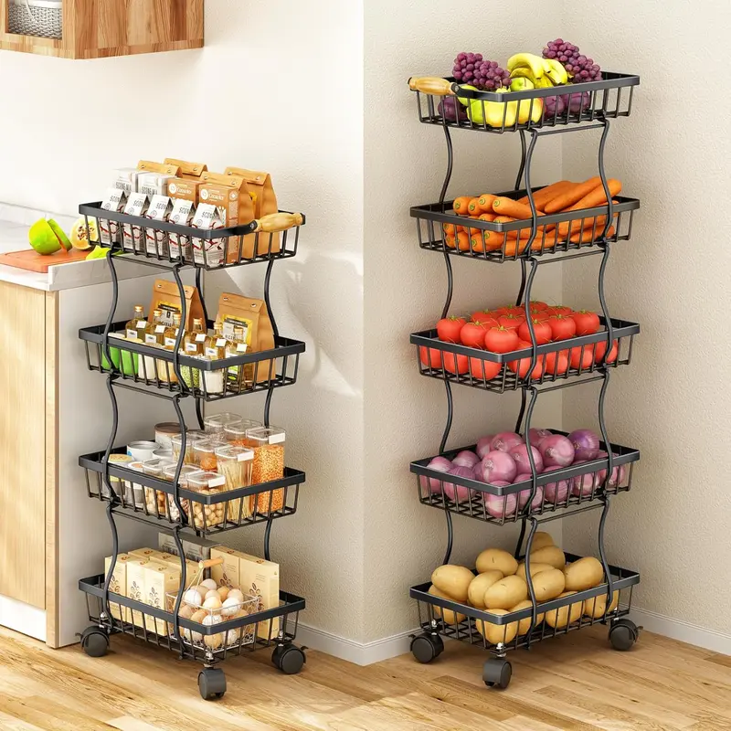 Black 4-Layer Stackable Rustproof Metal Wire Fruit Basket Organiser with Adjustable Racks, Airy Mesh, 4 High-Quality Casters, Fruit-Toy-Snack Fit Utility Cart for Kitchen, Bedroom Storage Organization