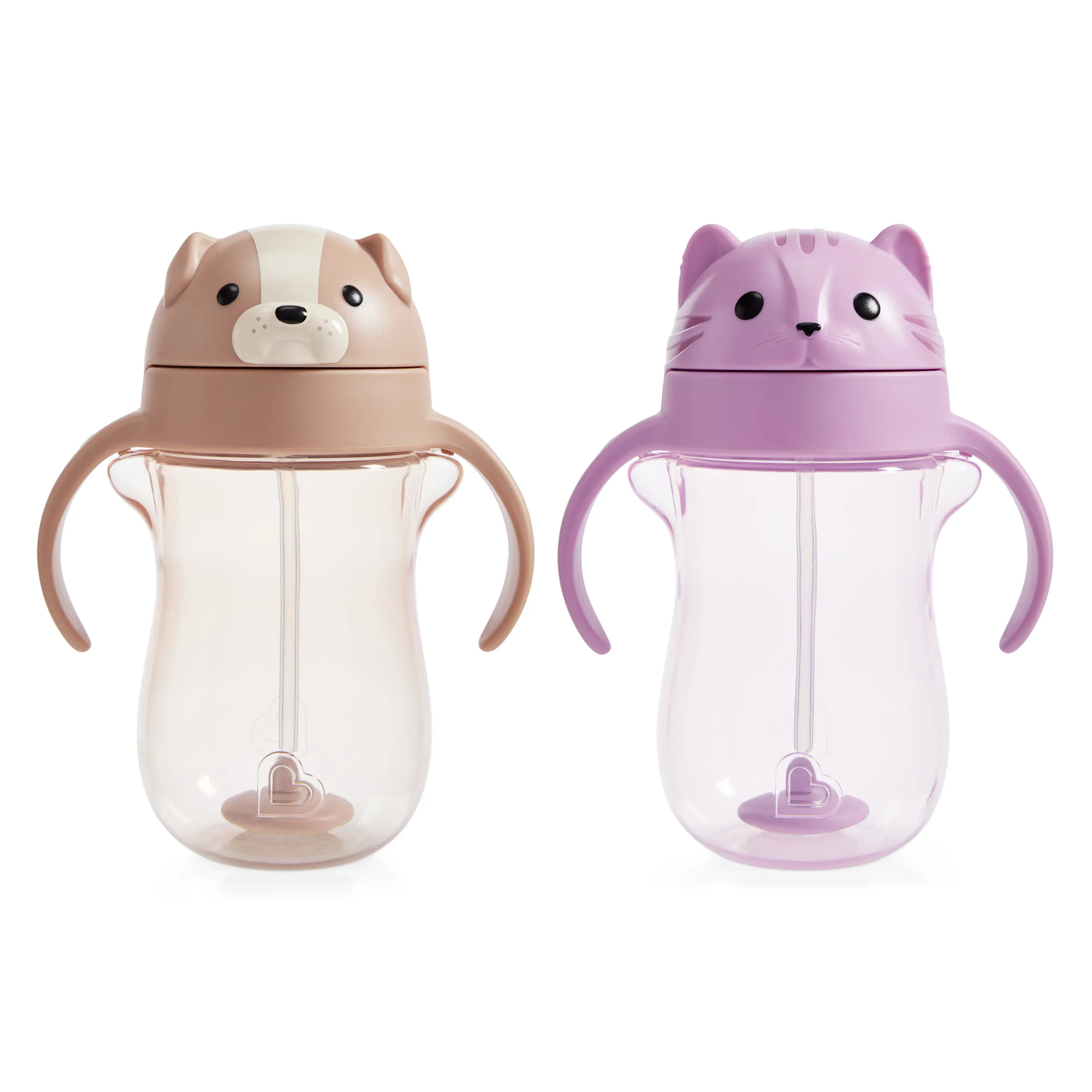 Munchkin Any Angle Spill Proof Weighted Straw Trainer Cup, 10 ounce, 2 Pack, Cat & Dog