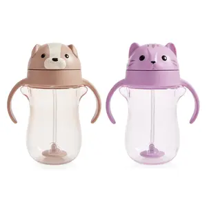 Munchkin Any Angle Spill Proof Weighted Straw Trainer Cup, 10 ounce, 2 Pack, Cat & Dog