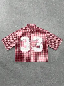 Unisex Red & White Gingham Cropped Button Up Shirt Vintage Varsity 33 Print Preppy Streetwear Top